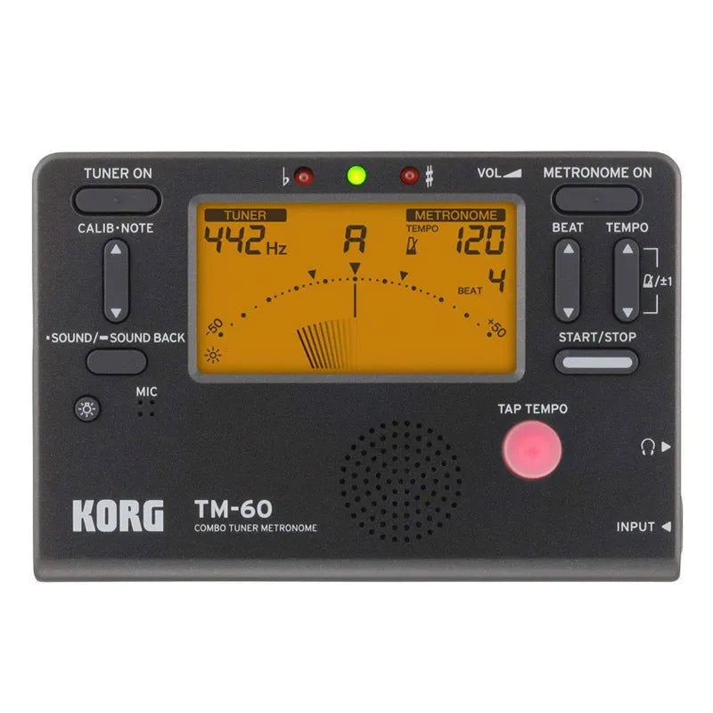 TM-60 model tuner and metronome device with plastic shell in black or white colour options