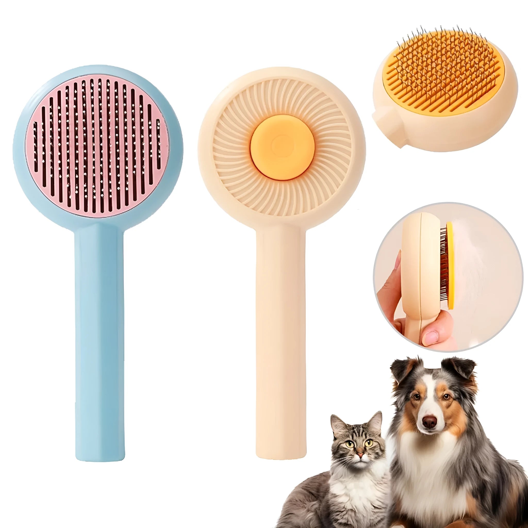 Blue pet grooming brush with angled metal pins and self-cleaning button for dogs and cats