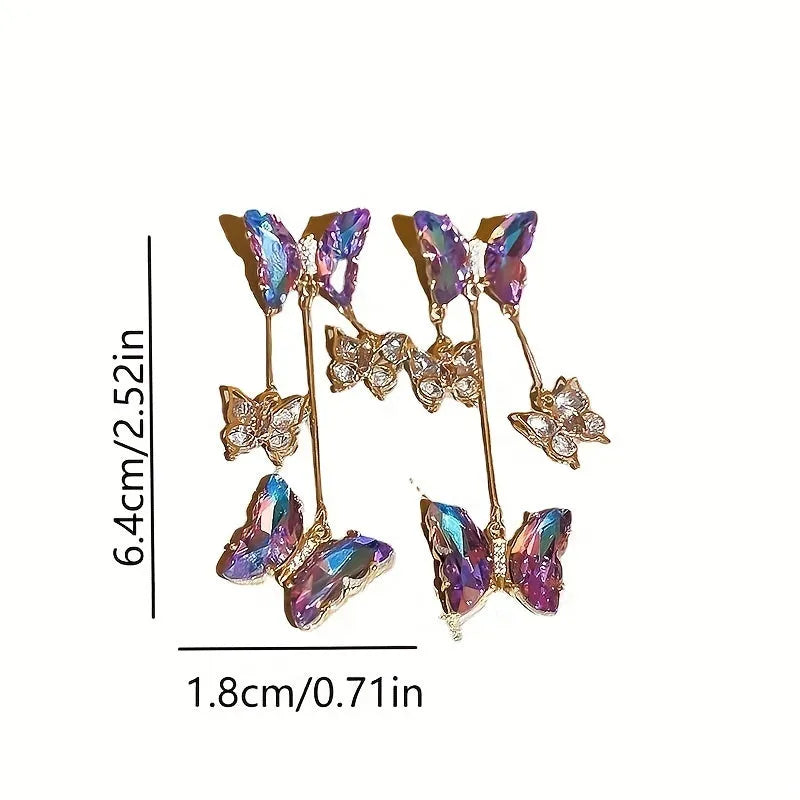 Silver needle finish blue purple butterfly and crystal flower drop tassel earrings for women.
