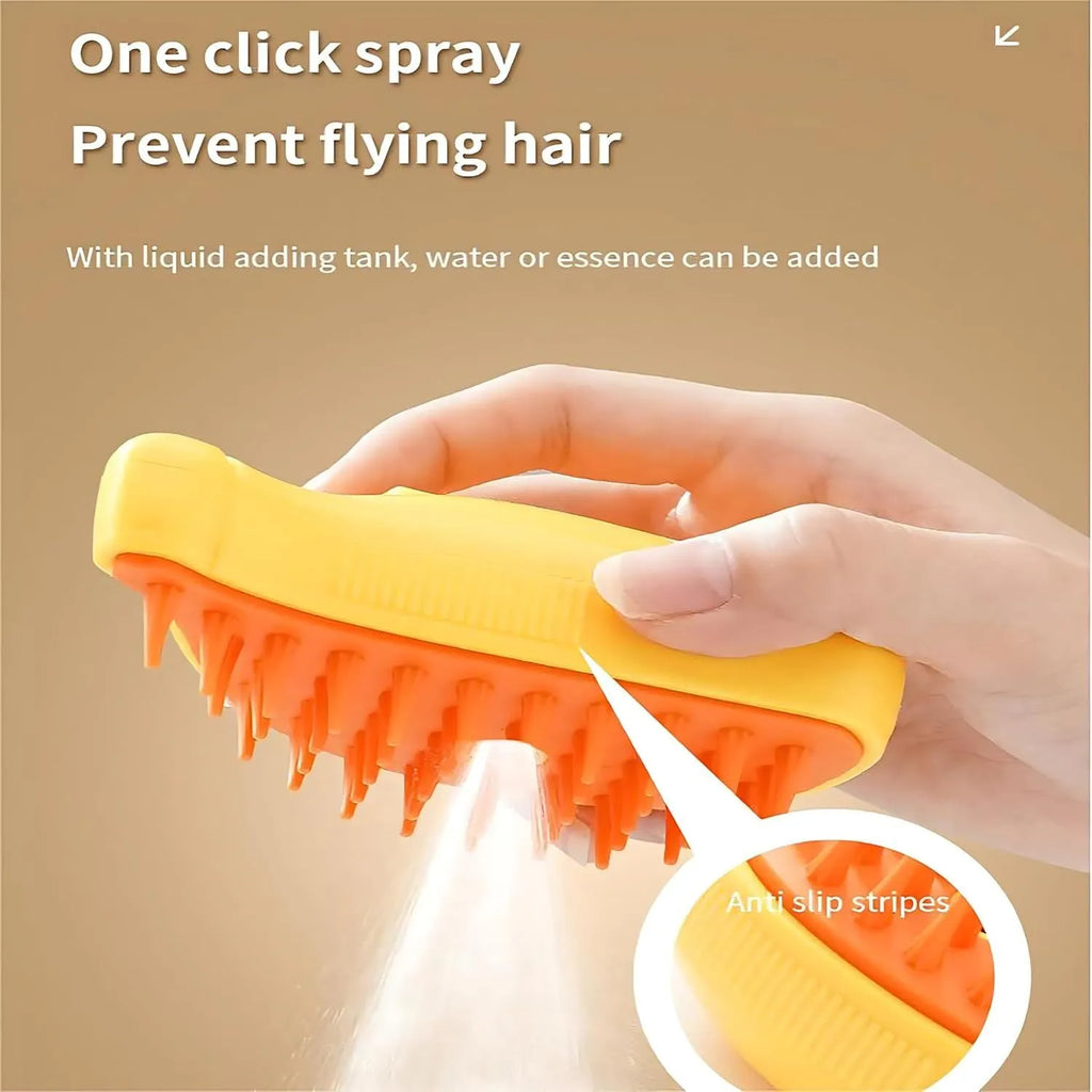 Rechargeable cat steam brush in green or yellow, showing round teeth with cat paw-shaped ends for grooming.