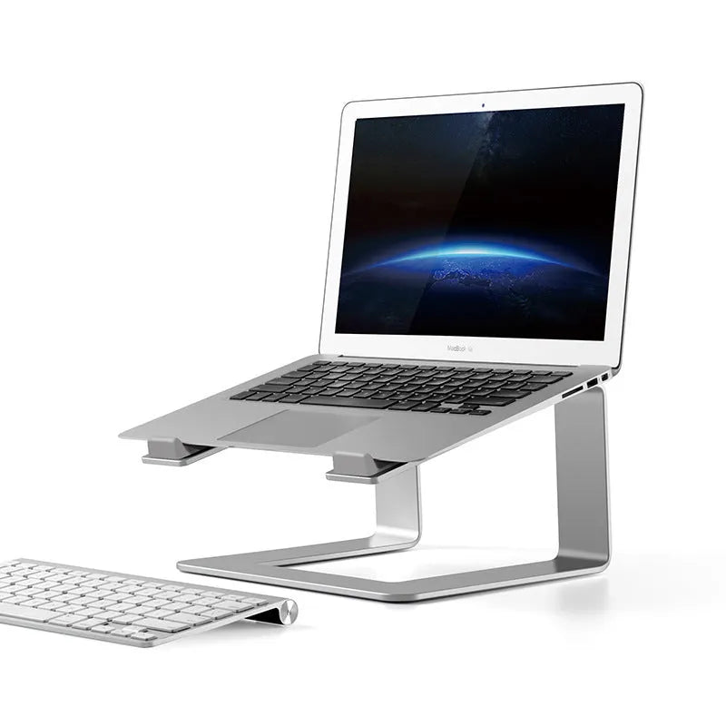 Black aluminium alloy laptop stand with open-frame design measuring 29.9cm wide on wooden desk