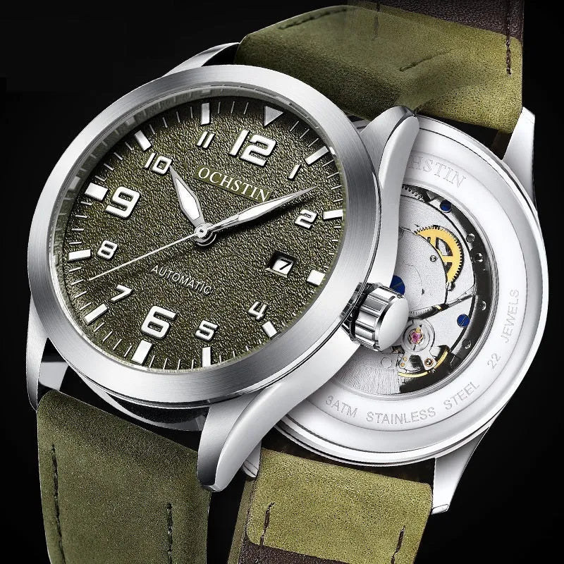 Men's automatic mechanical watch with leather strap and retro business design in multiple colour options