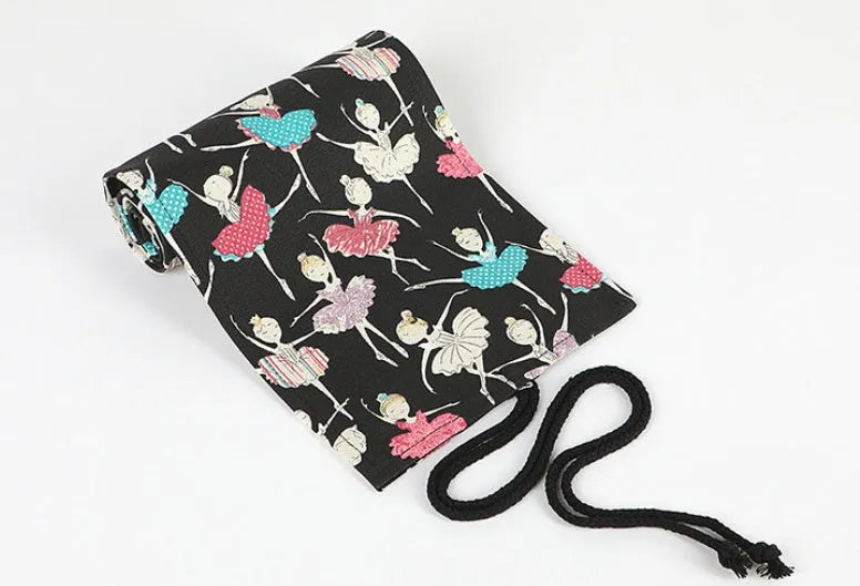 Square canvas rolling pencil case with ballet girl print, shown in multiple hole capacity sizes.