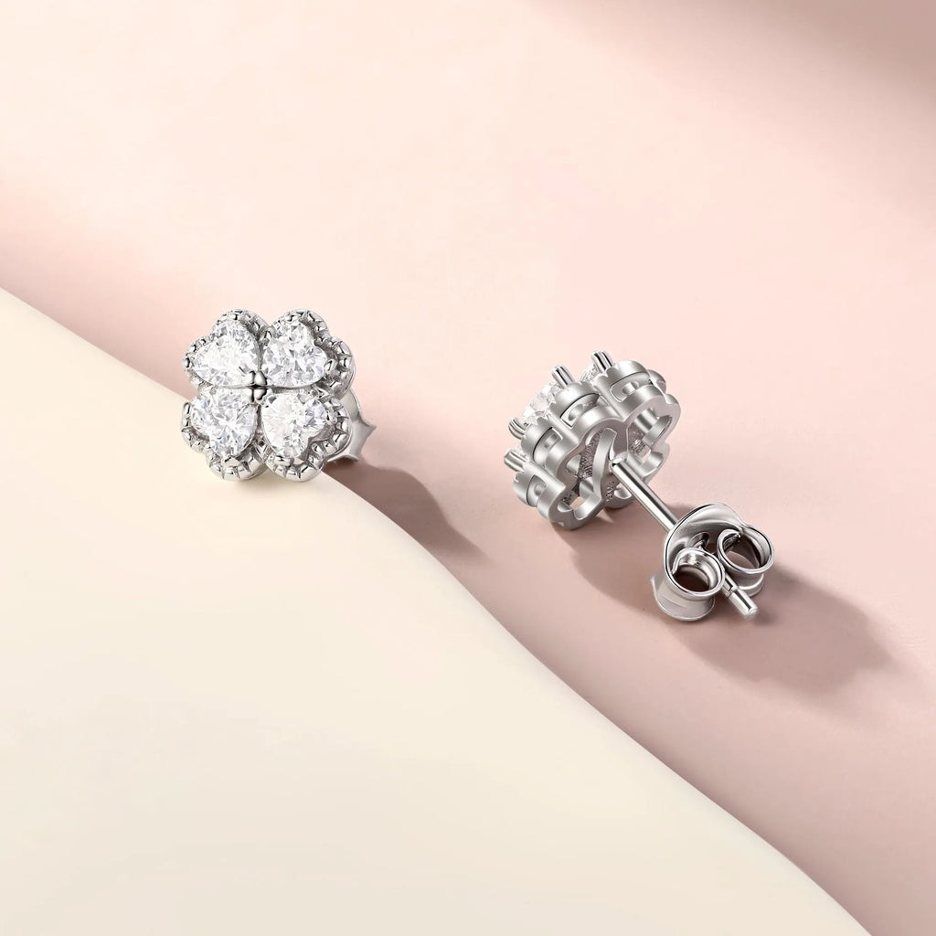 Women's 925 silver zircon earrings with four-leaf clover and heart design in white gold colour