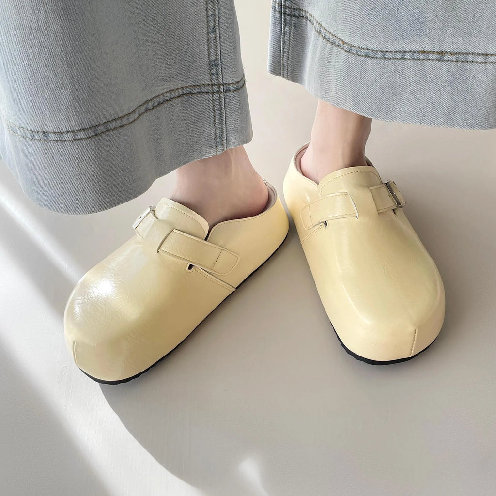Flat buckle casual sneakers with round toe in yellow, creamy-white, silver, or black colours