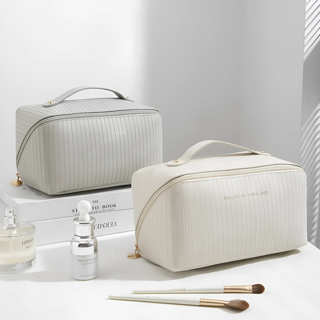 Vertical stripe pattern cubic makeup bag in PU leather measuring 22.5 cm