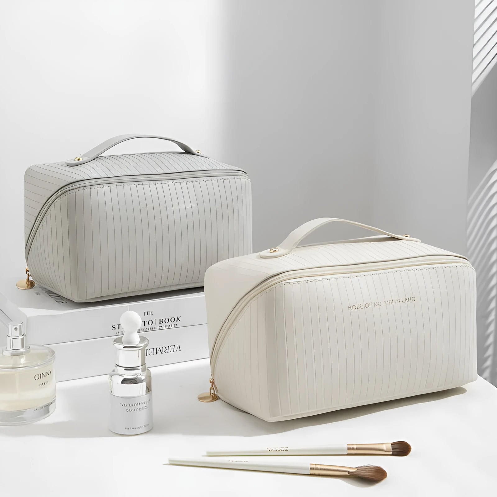 Vertical stripe pattern cubic makeup bag in PU leather measuring 22.5 cm