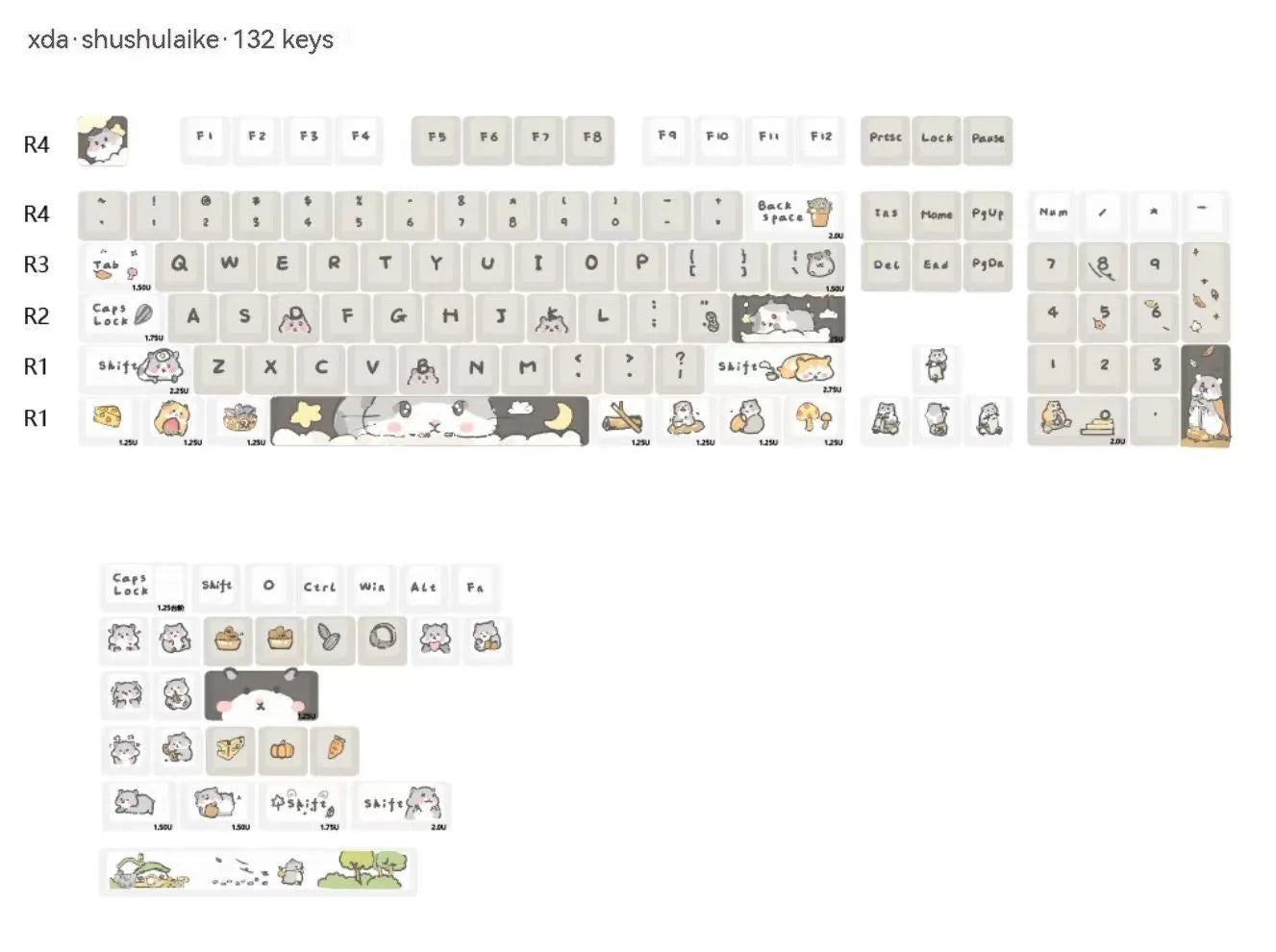 XDA profile mechanical keyboard keycaps in custard yellow and mouse grey colours for 68 75 98 100 keyboard layouts