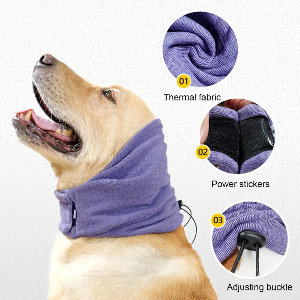 Dog wearing black calming hoodie head cover with ear wraps for noise reduction and anxiety relief