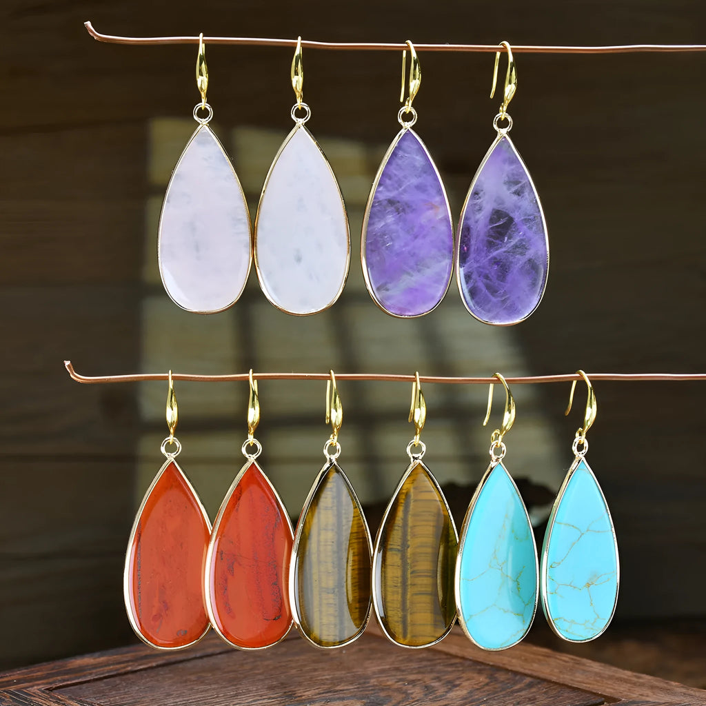 Vintage long water drop stone earrings in Tigereye, amethyst, pink crystal, redstone, or turquoise