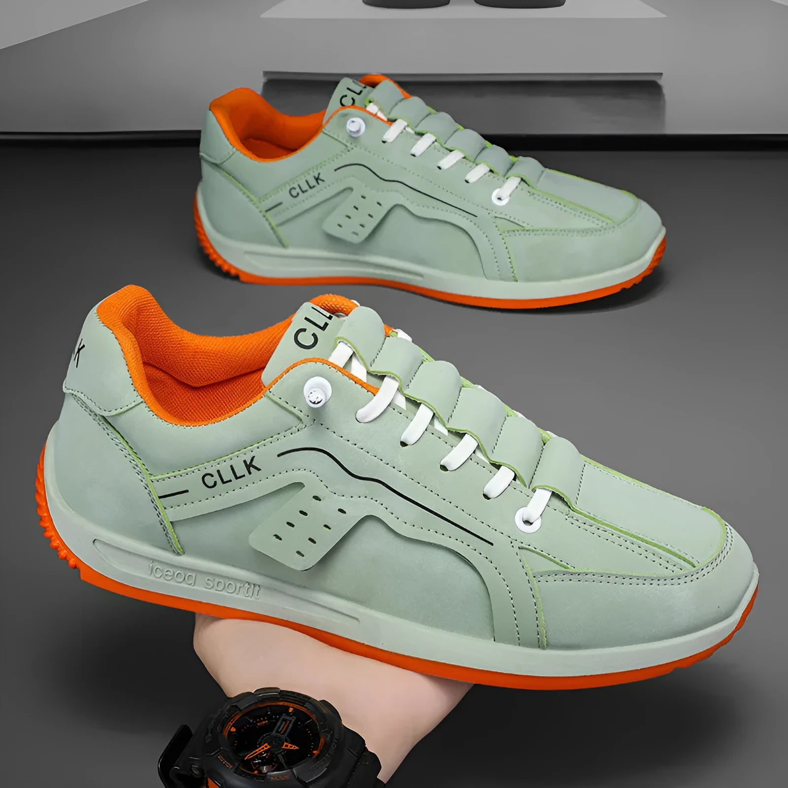 Men's anti-skid slip-on flat skateboard shoes with artificial PU upper, mesh lining, and front lace closure in green colour