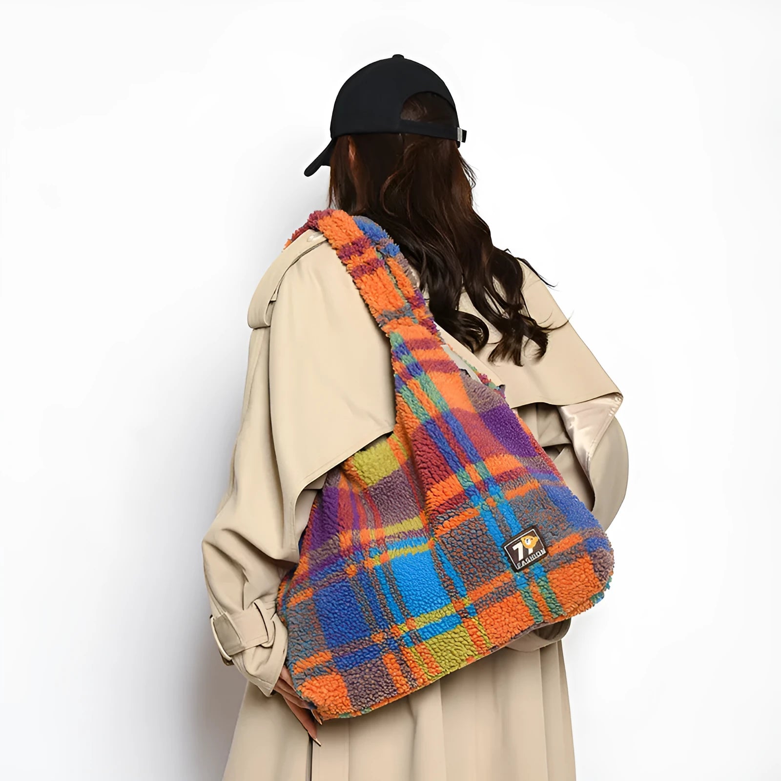 Women's plaid crossbody tote bag in soft plush material with dimensions 40x44x9cm