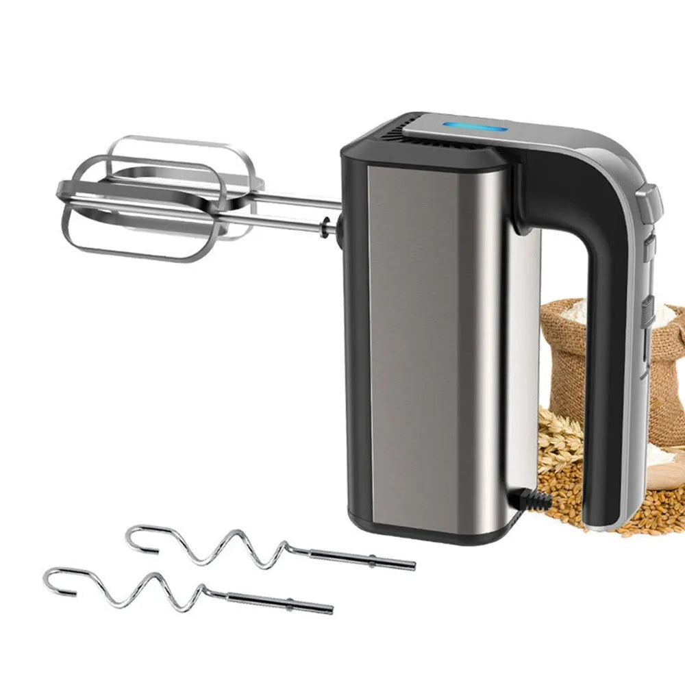 Silver mini electric hand mixer with stainless steel beaters on a 5-speed control dial.