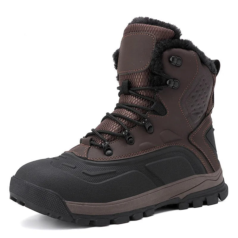 Men's black high-top lace-up boots with fleece lining, shown on a flat heel with a ribbed TPR sole.