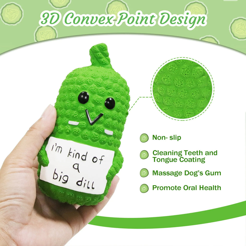 Green pickle-shaped latex dog chew toy with textured surface for teething puppies