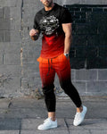 Man wearing a thin, short-sleeved printed pullover and matching trousers from a lightweight sport suit set.