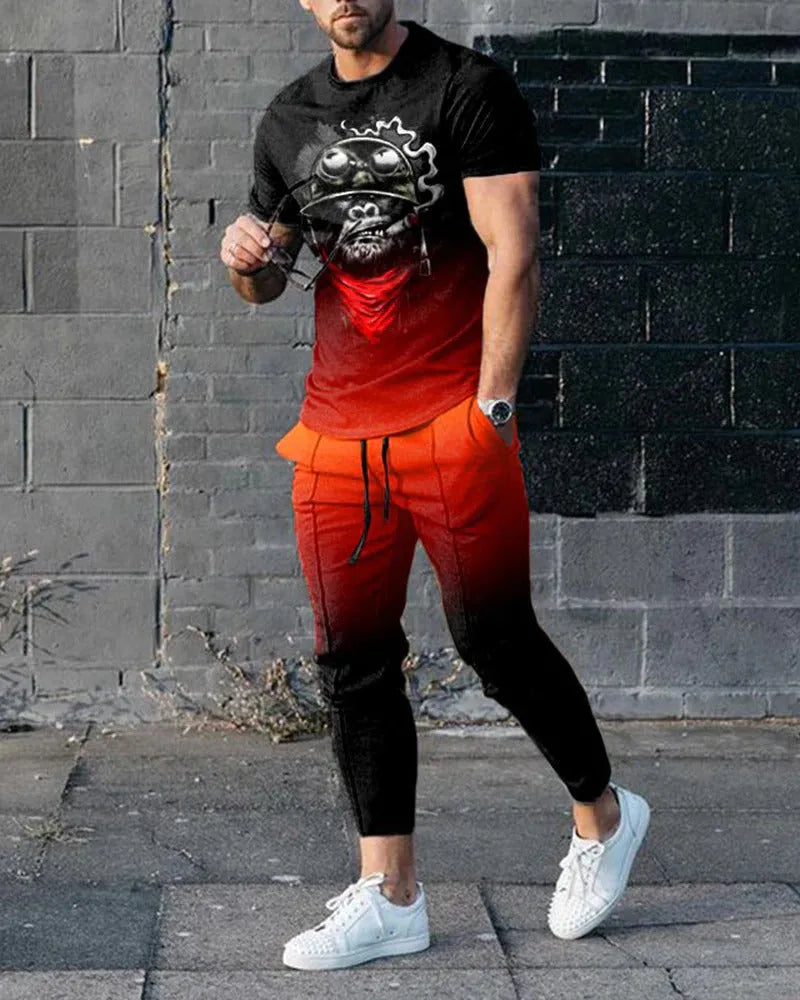 Man wearing a thin, short-sleeved printed pullover and matching trousers from a lightweight sport suit set.