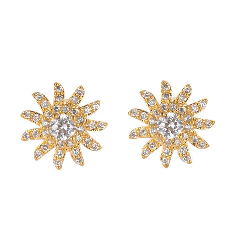 SUNFLOWER gold white and platinum white zircon mosaic copper ear studs pair