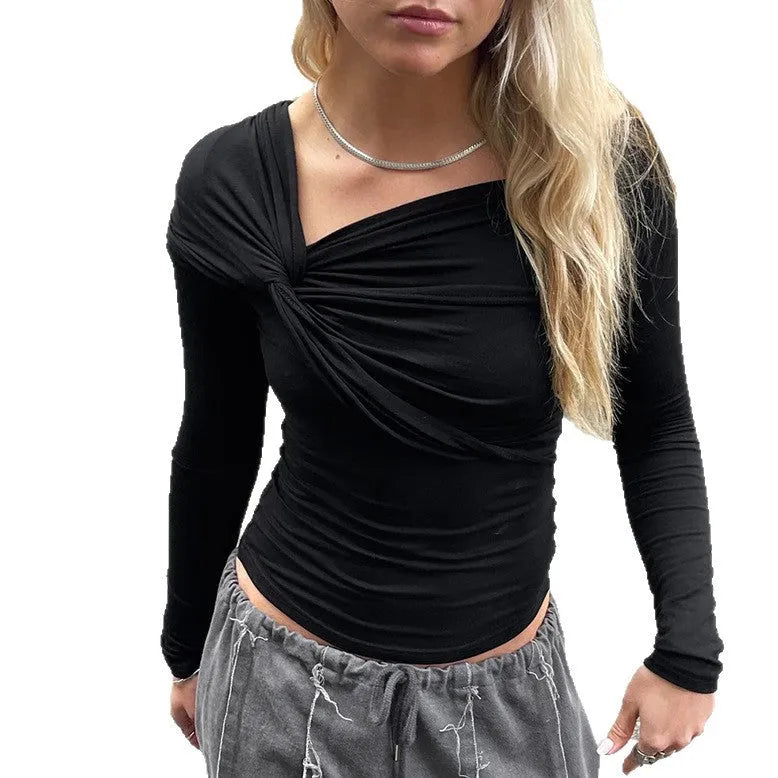 Black American Spicy Girl knot hem long sleeve top with stretch fabric, front view