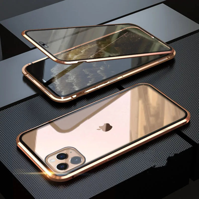 Geometric design aluminium clamshell phone case for iPhone with RFID blocking glass front in six colour options.