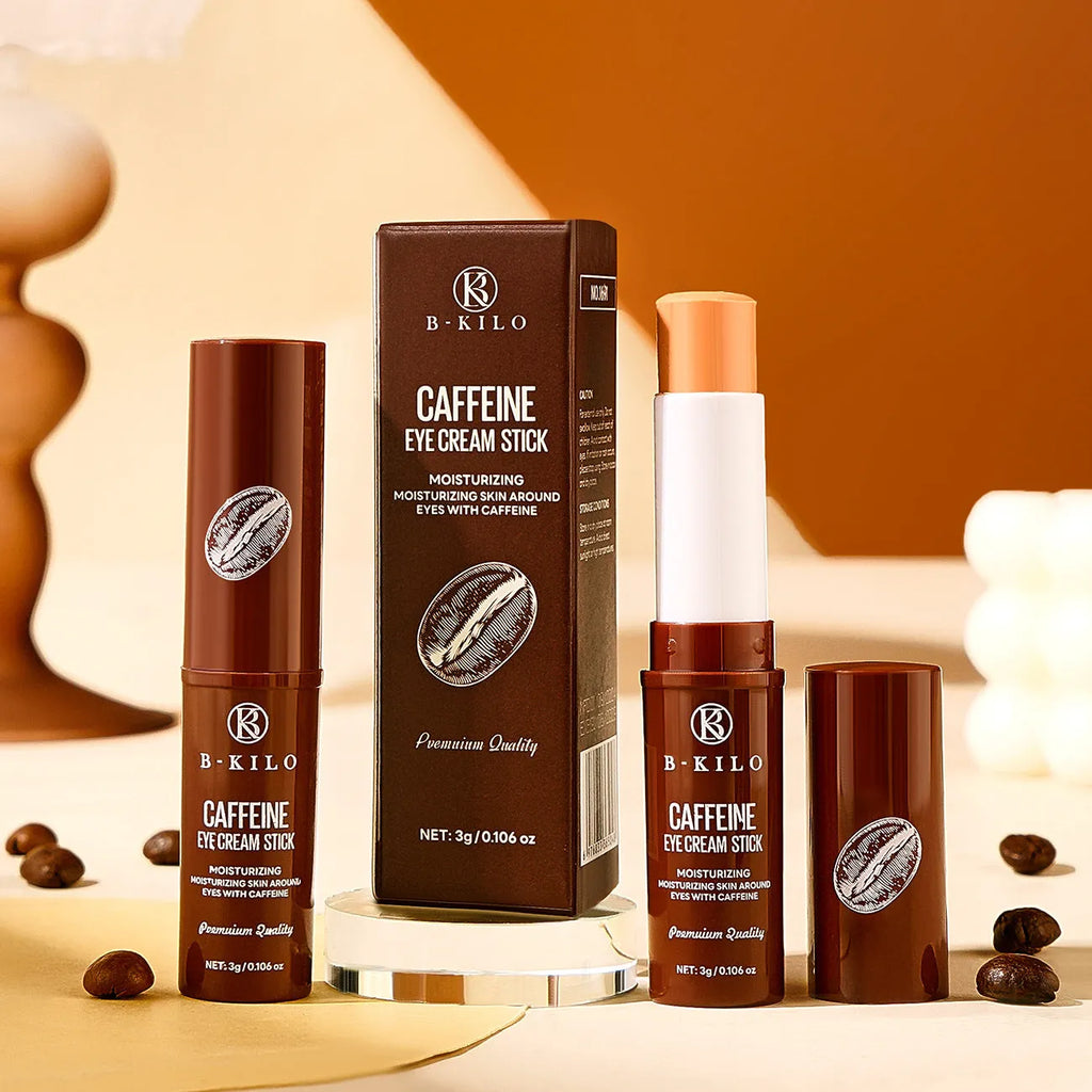 Caffeine eye cream stick in packaging, 3g net content for hydrating and reducing fine lines and dark circles.
