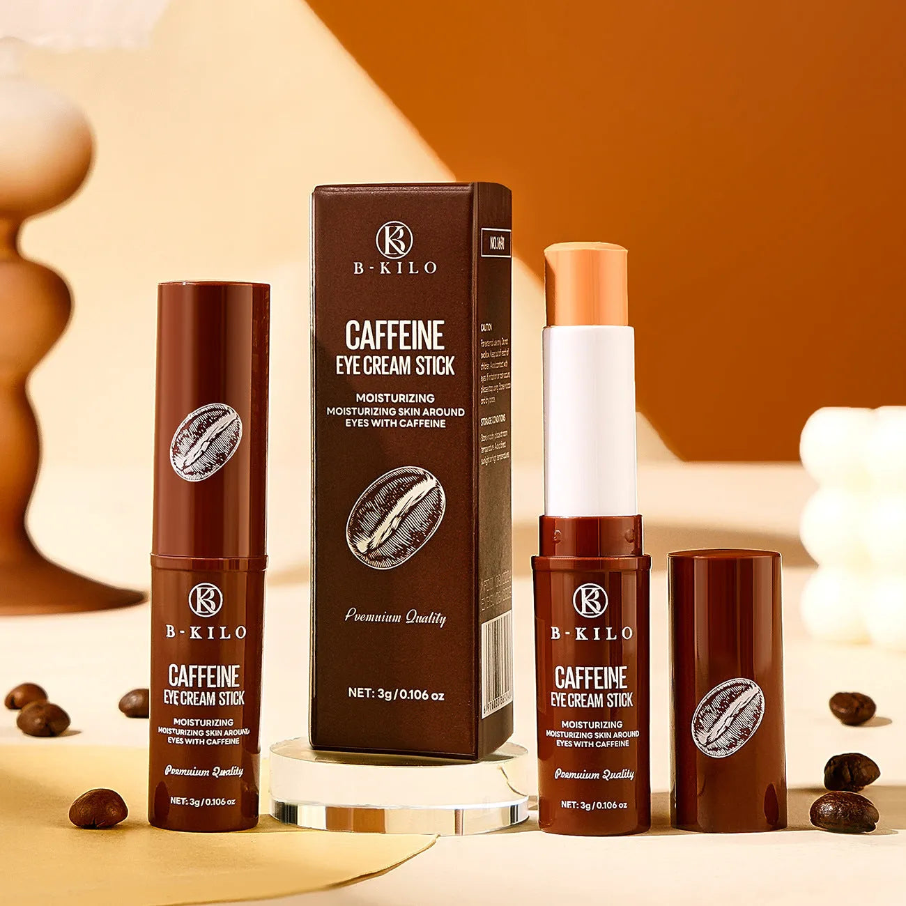 Caffeine eye cream stick in packaging, 3g net content for hydrating and reducing fine lines and dark circles.