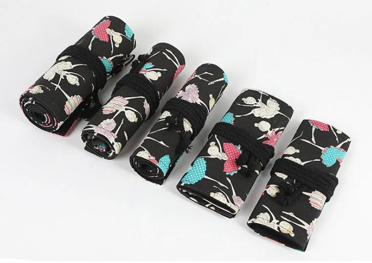 Square canvas rolling pencil case with ballet girl print, shown in multiple hole capacity sizes.