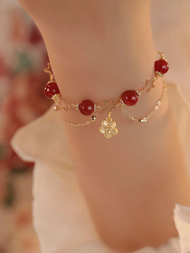 Natural red agate double layer bracelet with peach blossom decorations