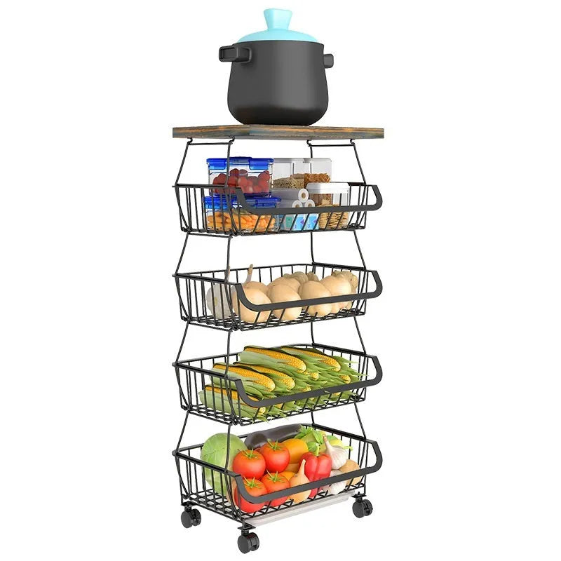 Black 6 layer foldable kitchen trolley rack with carbon steel construction