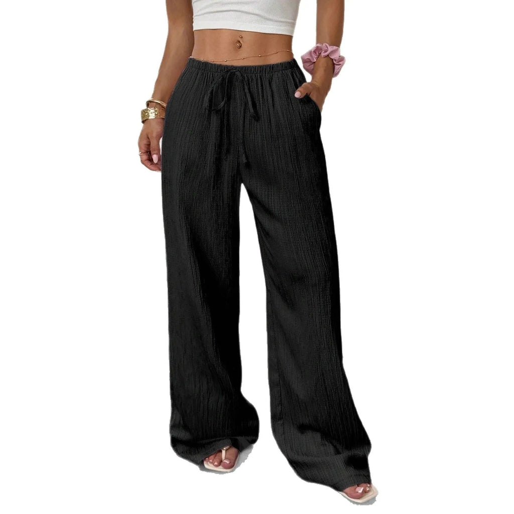 Women's black wide leg trousers with lace-up waist trimming on mid waist