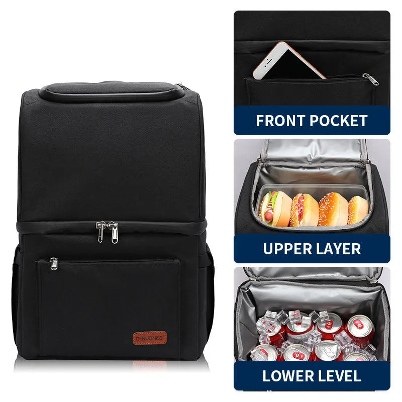 Blue double layer insulated waterproof backpack with a 22L capacity for picnics and camping.