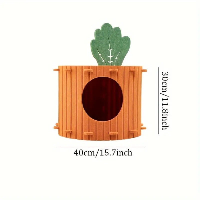 Carrot-shaped grey felt cat tunnel bed with one entrance hole, shown in medium and large sizes.