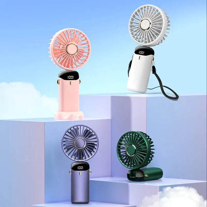 USB rechargeable mini handheld fan in white with foldable neck design and LED display
