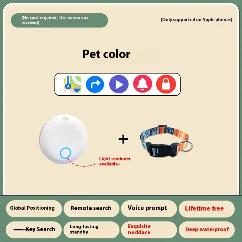 A compact GPS pet tracker device attached to a dog collar, showing a smartphone app with location tracking.