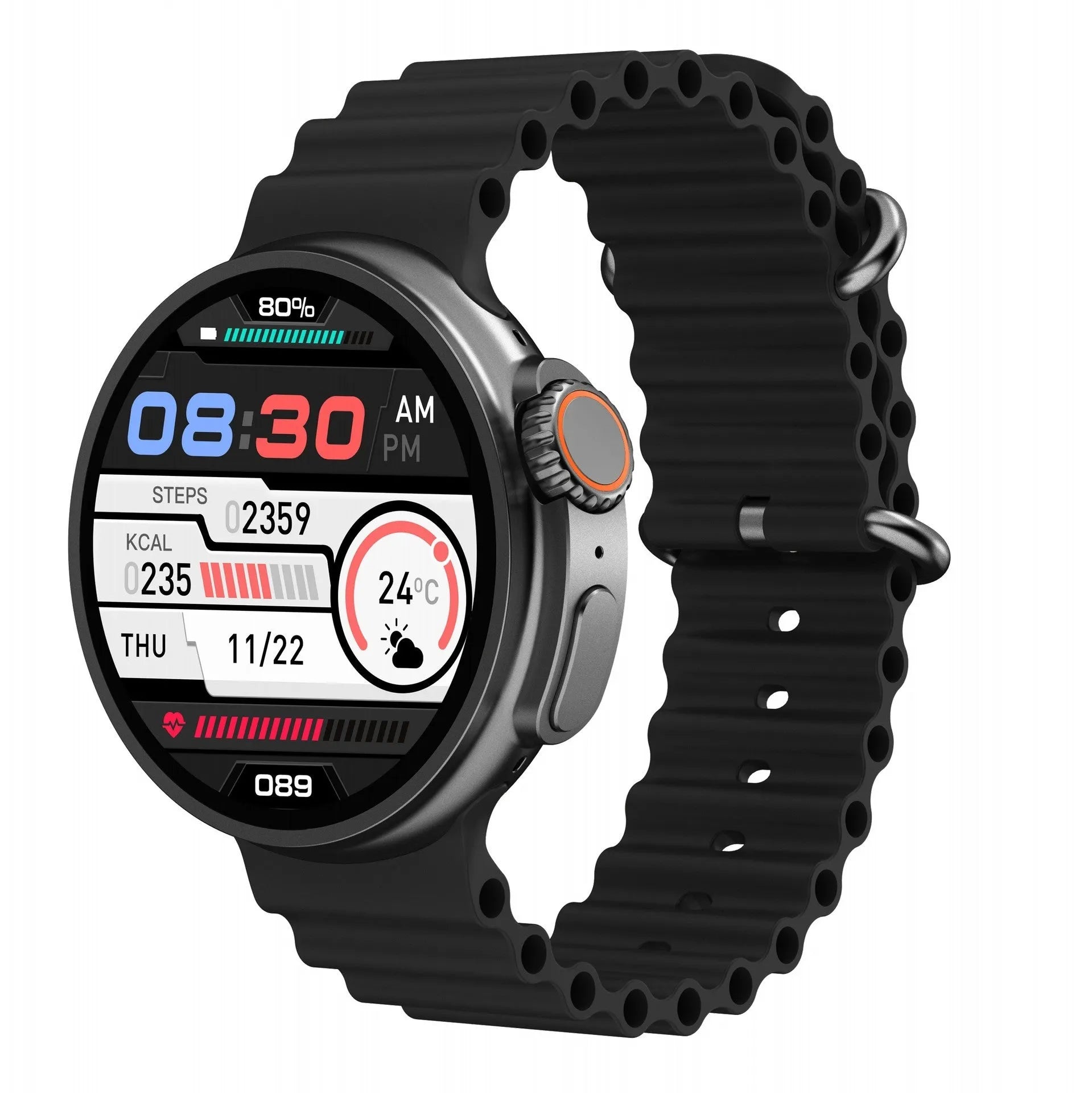 K9 smart watch with black silicone strap and round screen on a wrist