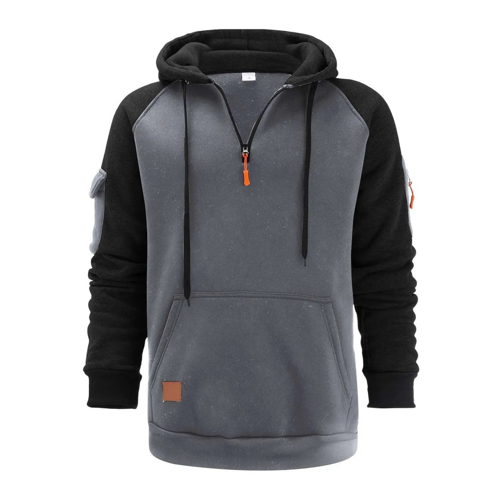 Men's pullover hoodie with front zipper in khaki showing hood and long sleeves