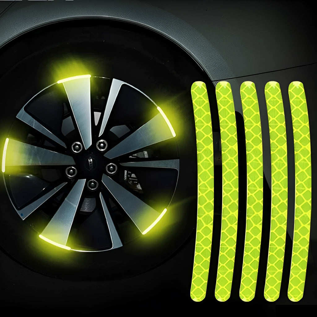 20-piece pack of multicoloured reflective PVC stickers for car and bicycle wheel hubs.