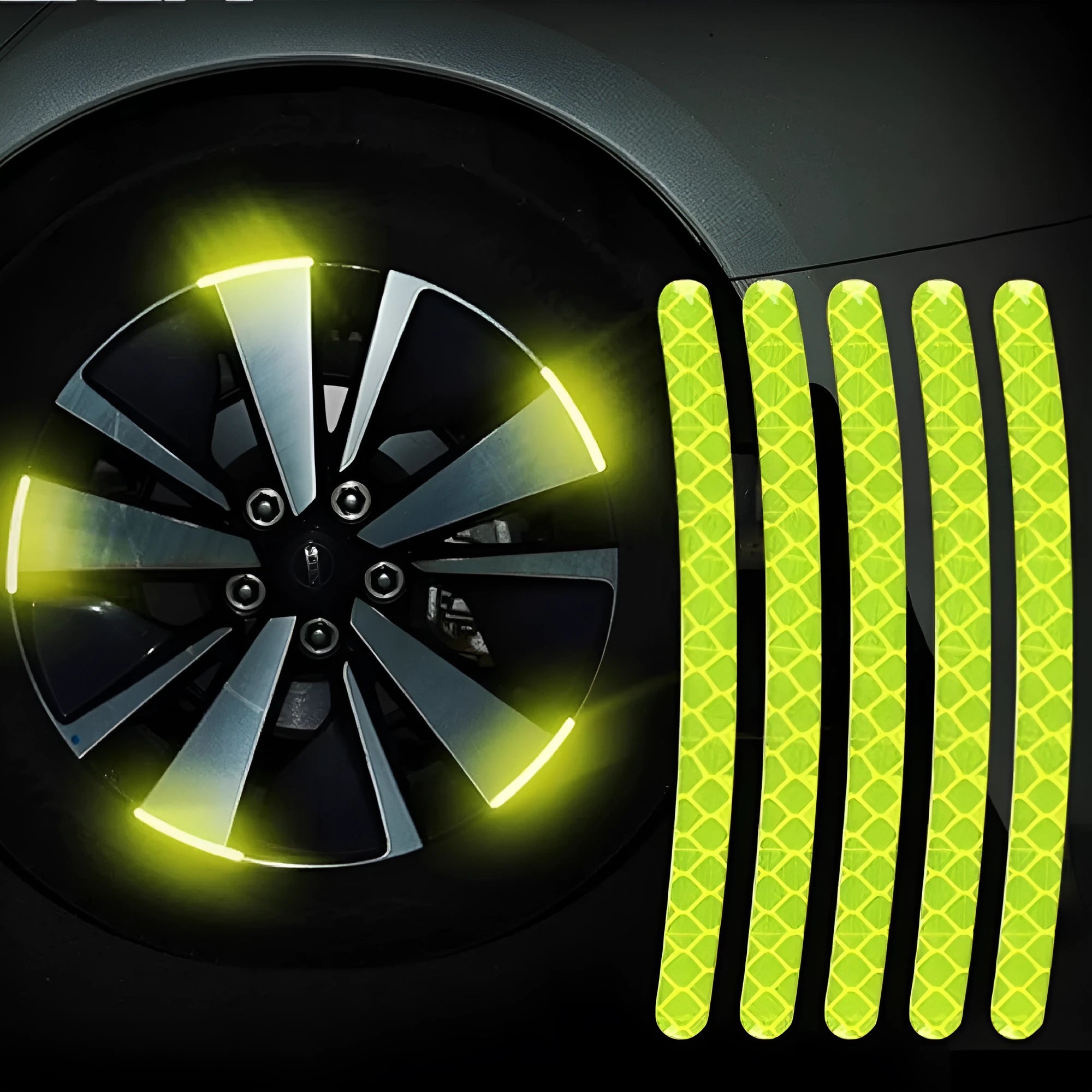 20-piece pack of multicoloured reflective PVC stickers for car and bicycle wheel hubs.