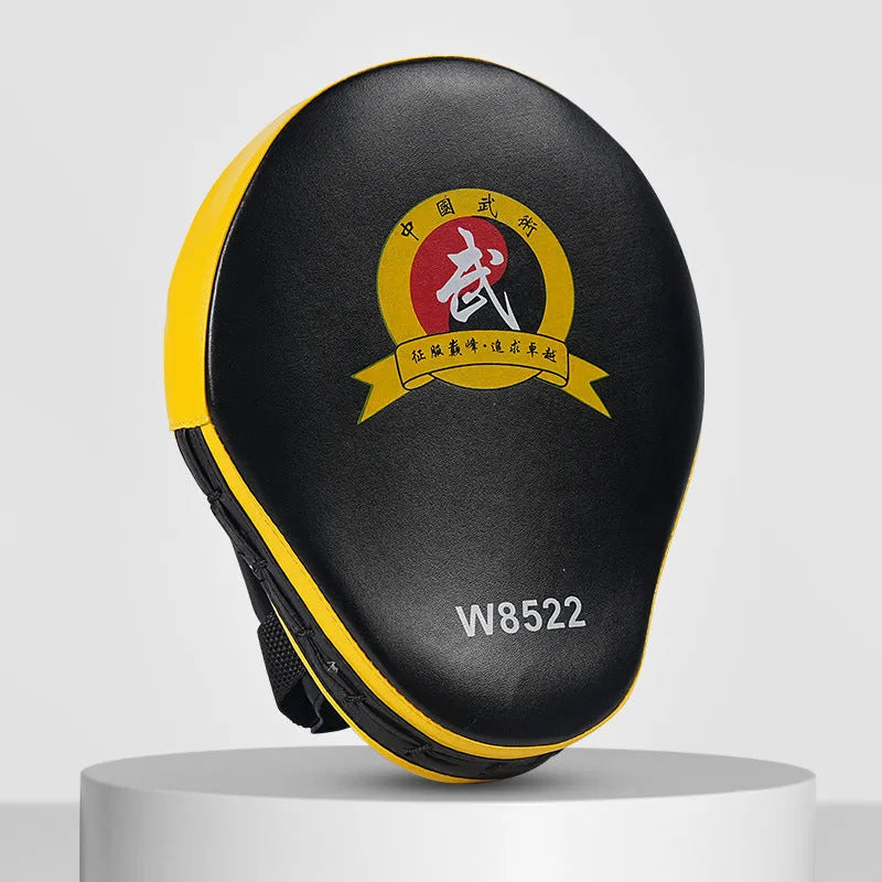 Boxing punch mitts hand target for Sanda and Muay Thai training in red, black, blue, and yellow colours.