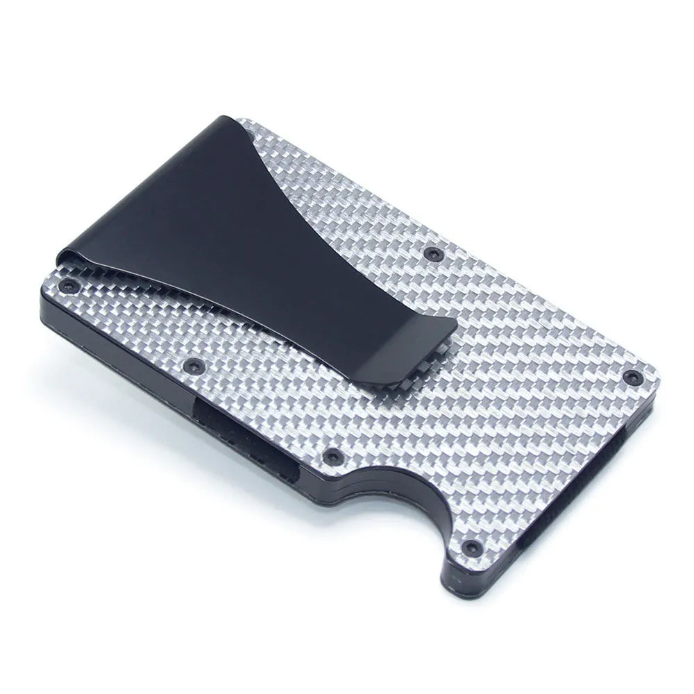 Geometric carbon fibre business card holder showing 8mm thickness with multiple colour finish options