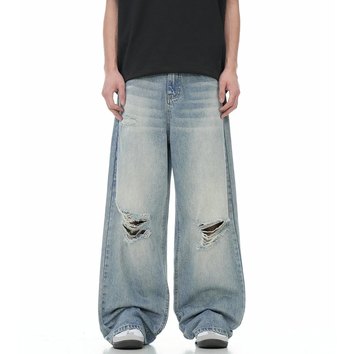 Blue straight-leg men's jeans with ripped detailing and retro summer styling