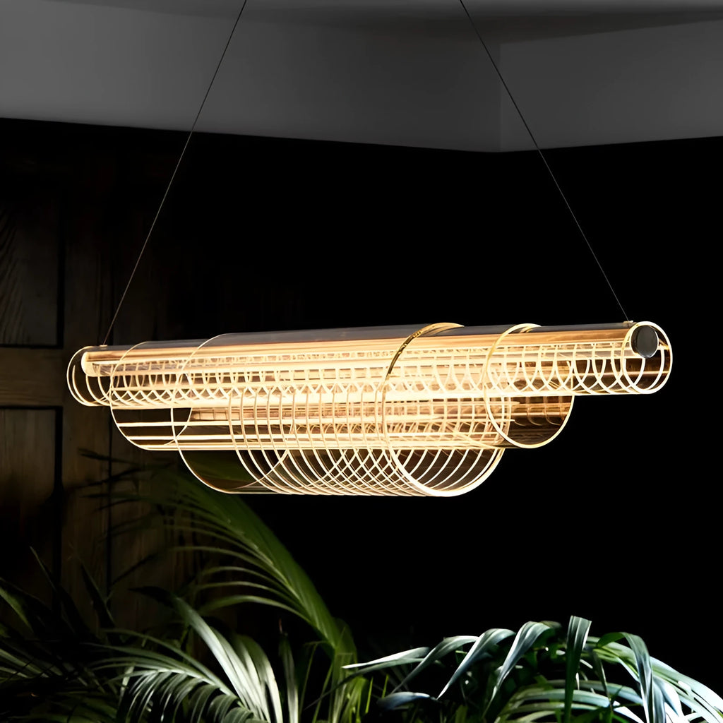 Minimalist iron and glass pendant lamp in three length options for restaurant and bar lighting