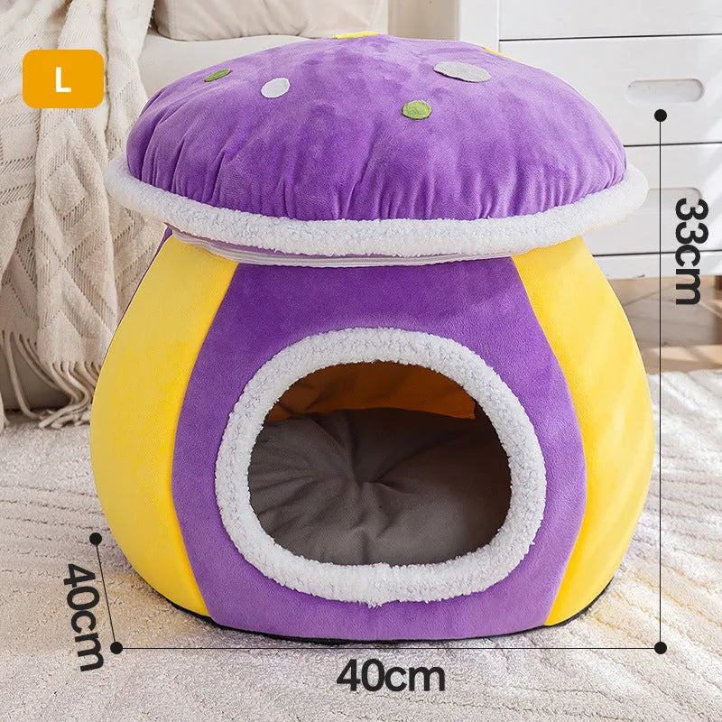 Plush grey mushroom-shaped cat bed with a detachable rabbit fur blanket inside.