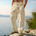 Men's loose cotton wide-leg casual trousers in light army green colour showing mid-waist and trousers-length design