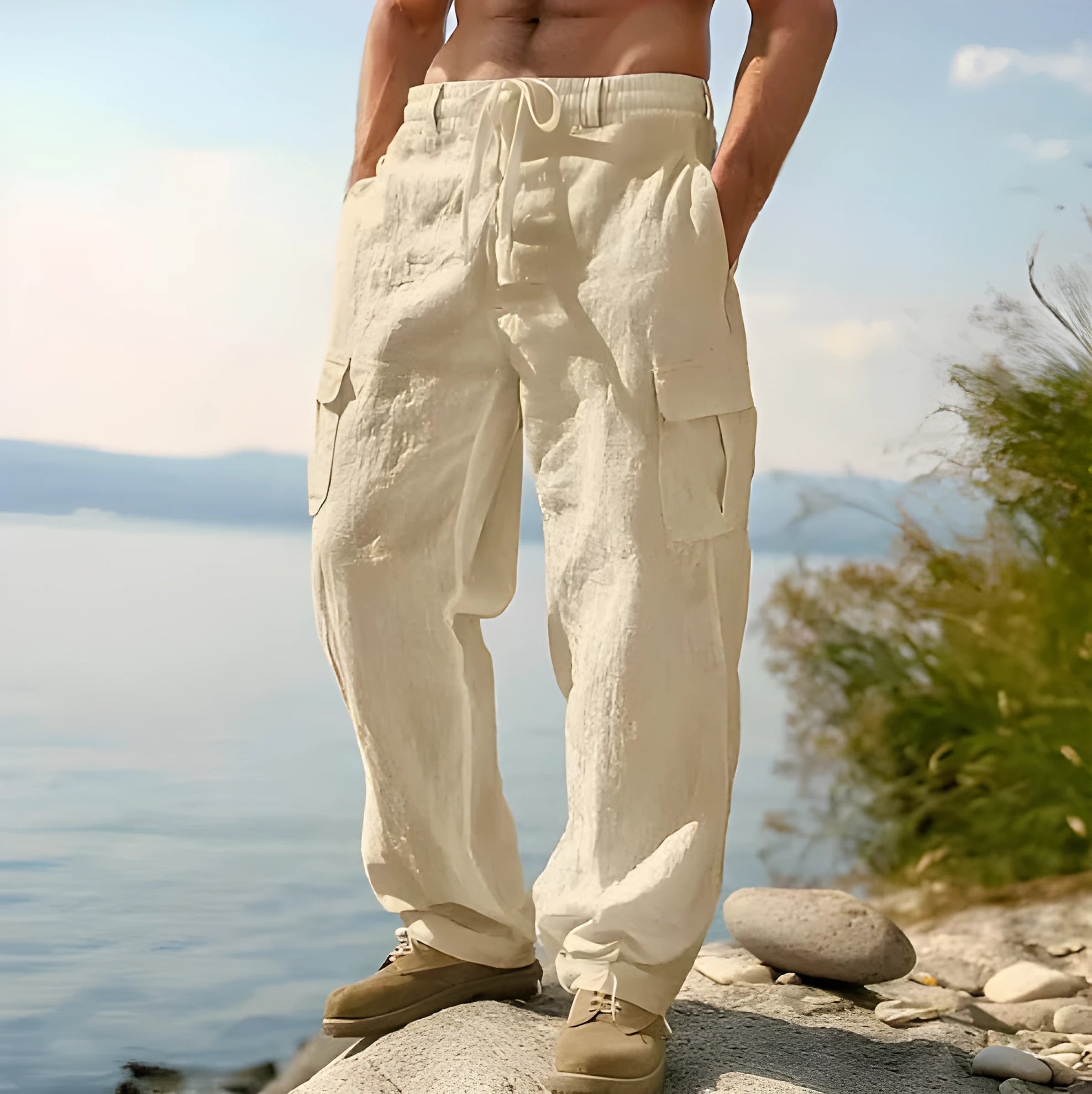 Men's loose cotton wide-leg casual trousers in light army green colour showing mid-waist and trousers-length design