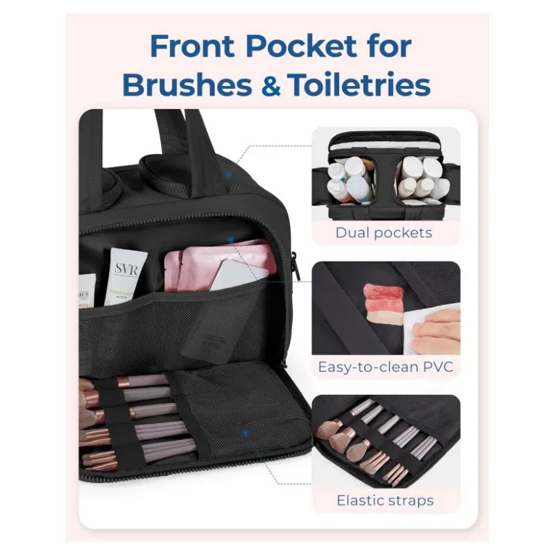 Lightweight large capacity travel toiletries bag open showing fluffy polyester interior in available colours