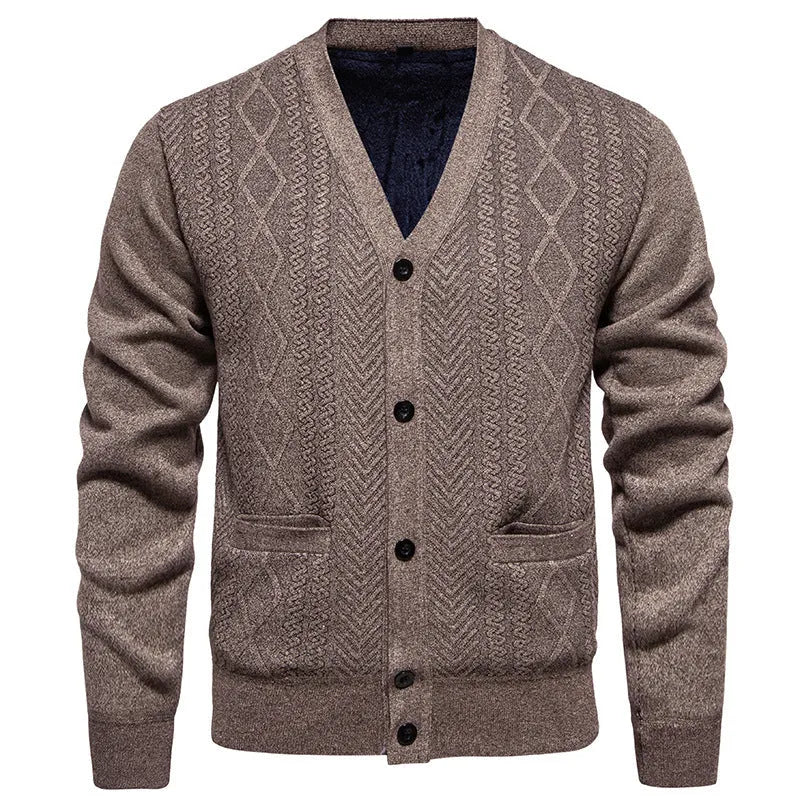 Men's striped knit cardigan in brown with wool lining, shown buttoned.