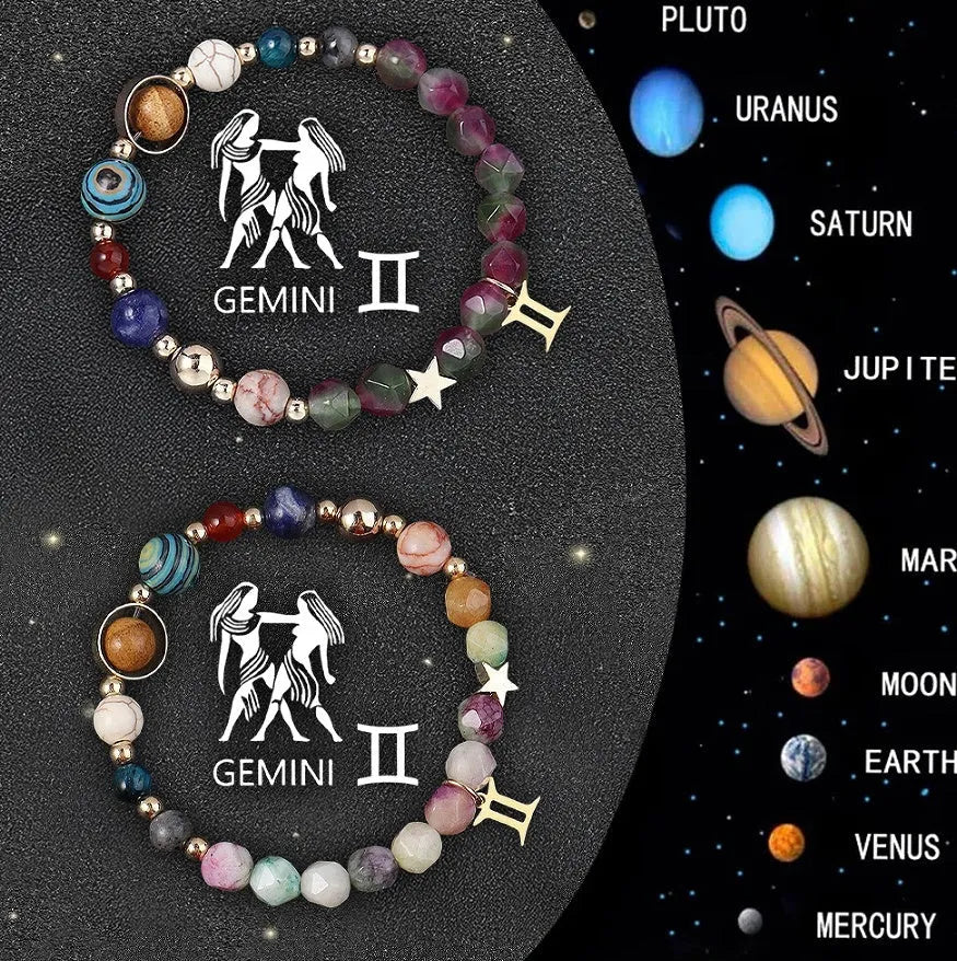 Two natural stone zodiac bracelets with adjustable cord and bead detailing