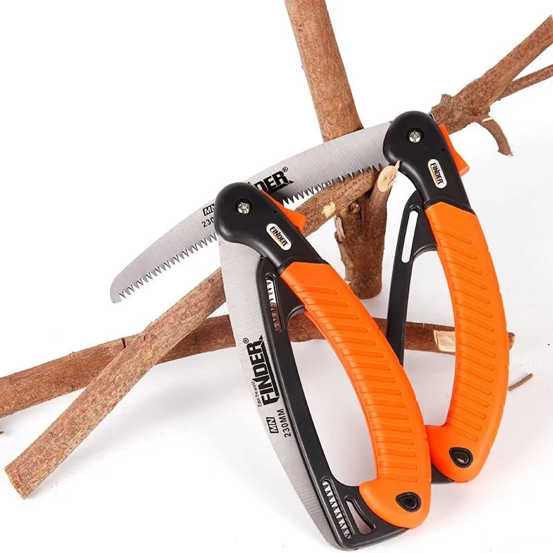 Folding garden saw with 230mm steel blade and TPR grip handle in open position