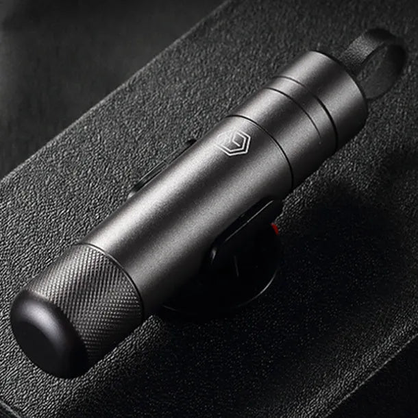 Gun grey aluminium car safety hammer with seatbelt cutter and test glass piece
